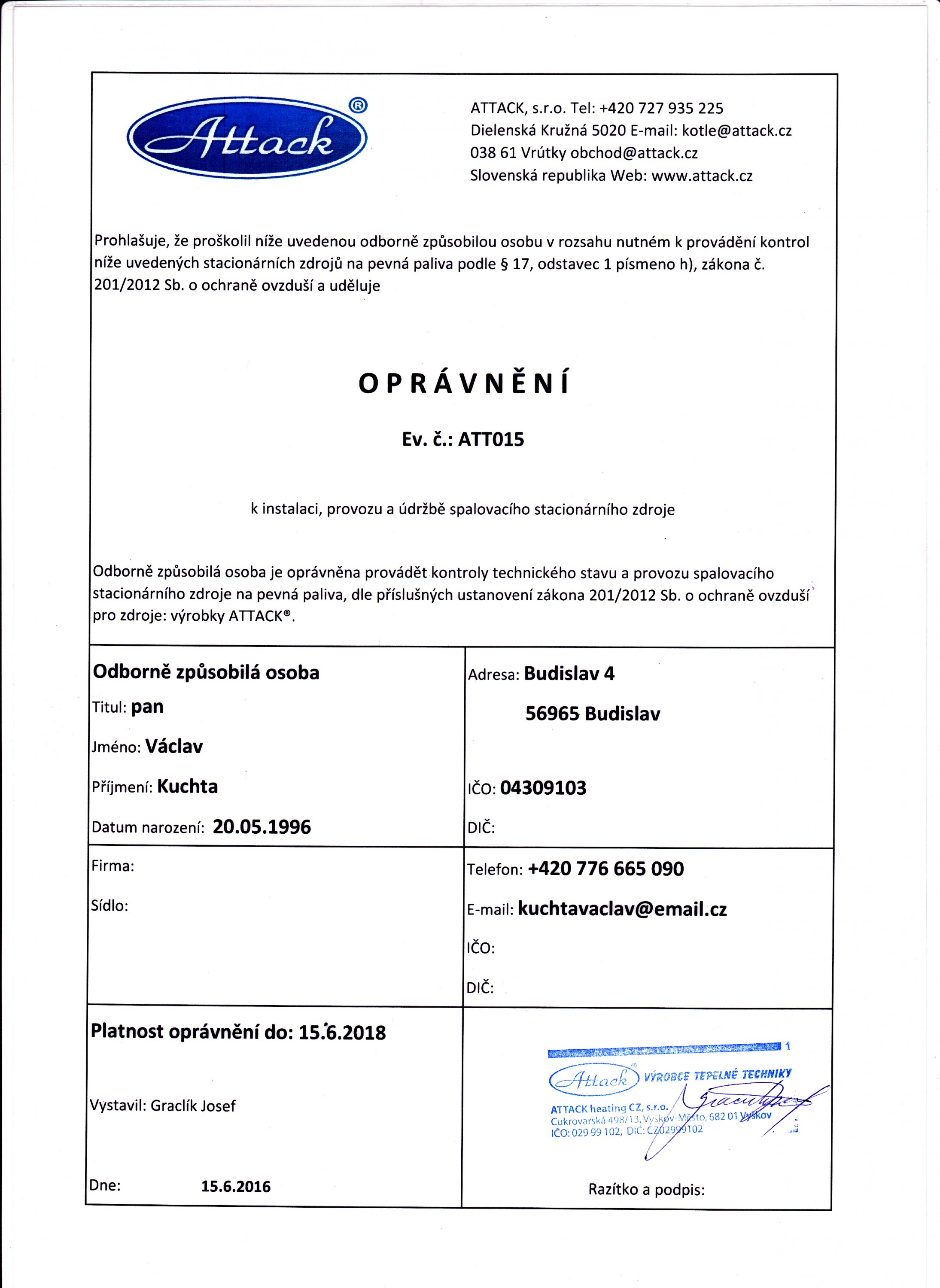 Revize plynových kotlů Václav Kuchta foto 2