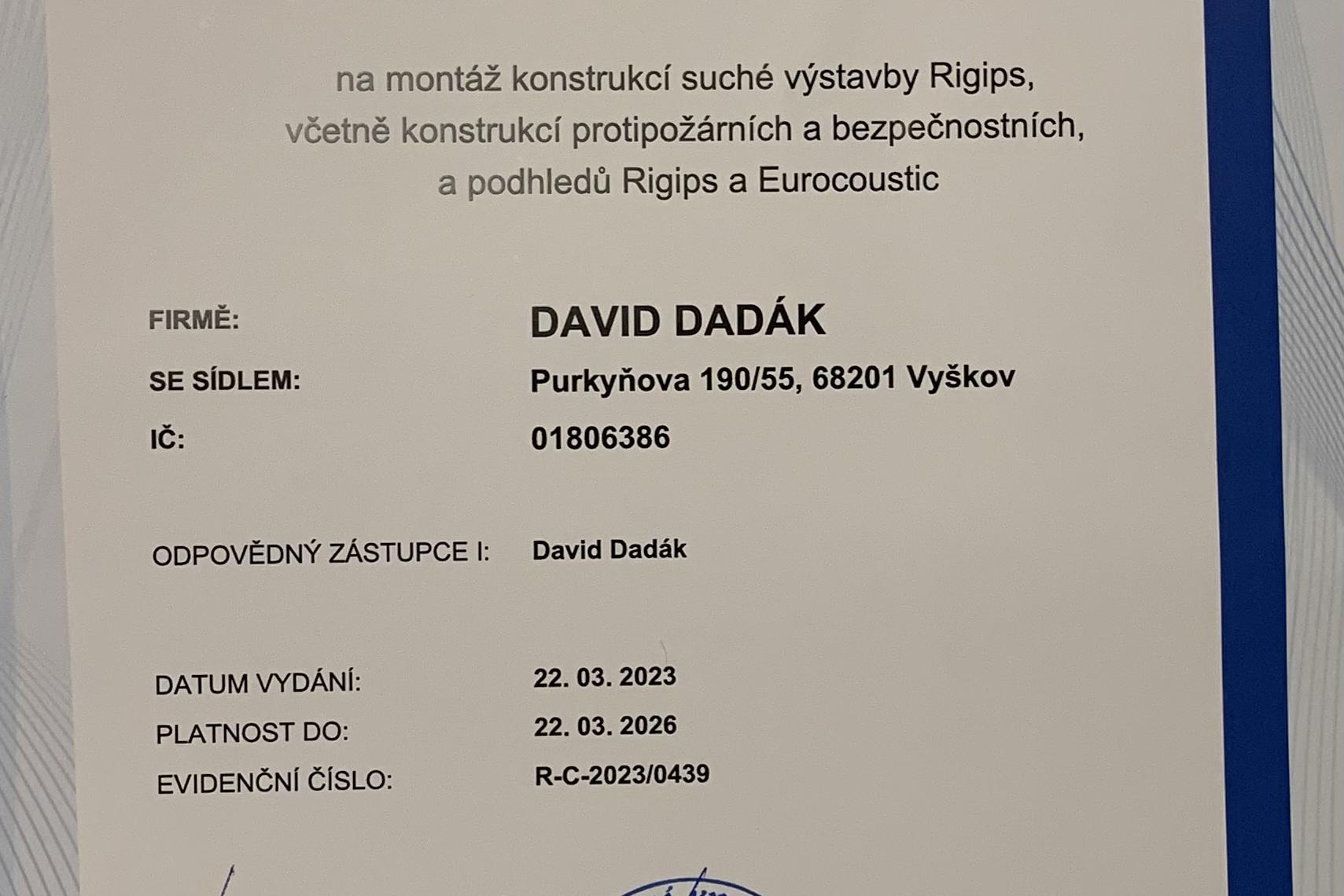 Sádrokartonářské práce David Dadák