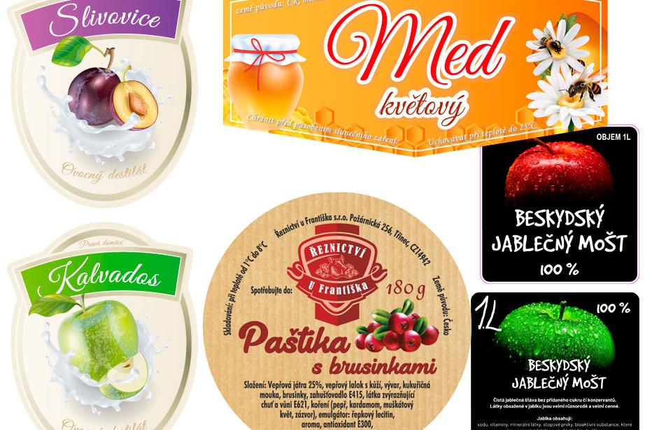 Samolepky, etikety, štítky na med, mošt, slivovici