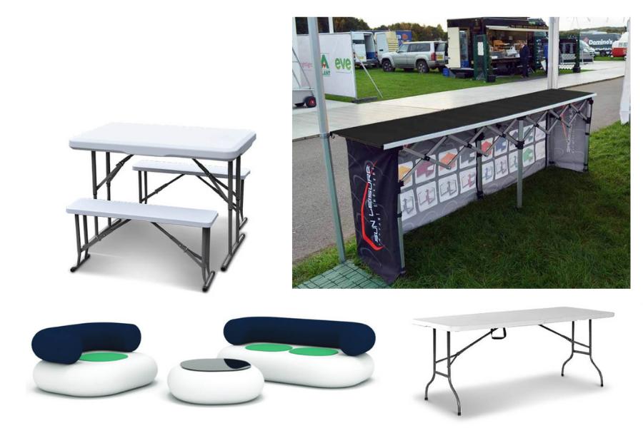 Stoly, židle a prodejní pulty