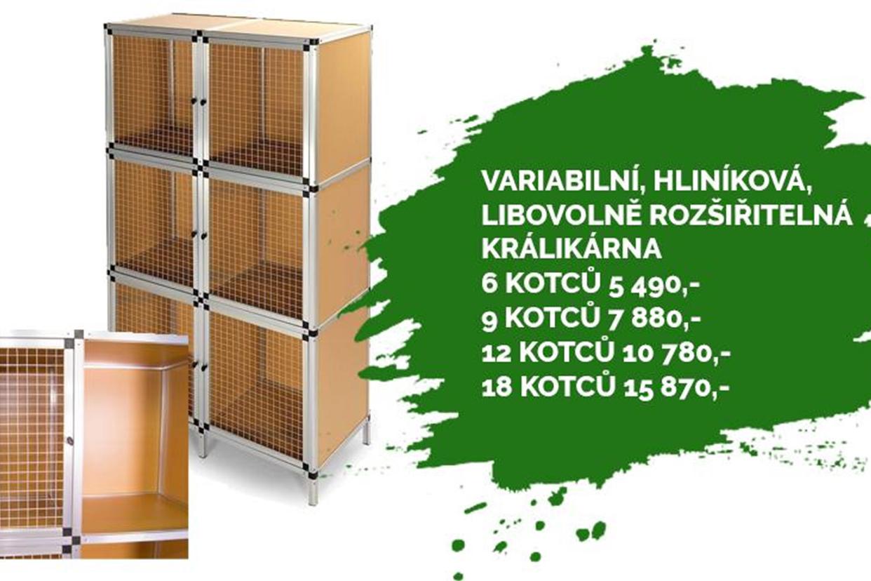 Králíkárna z hliníku a HDF desek,6 kotců, 180cm.