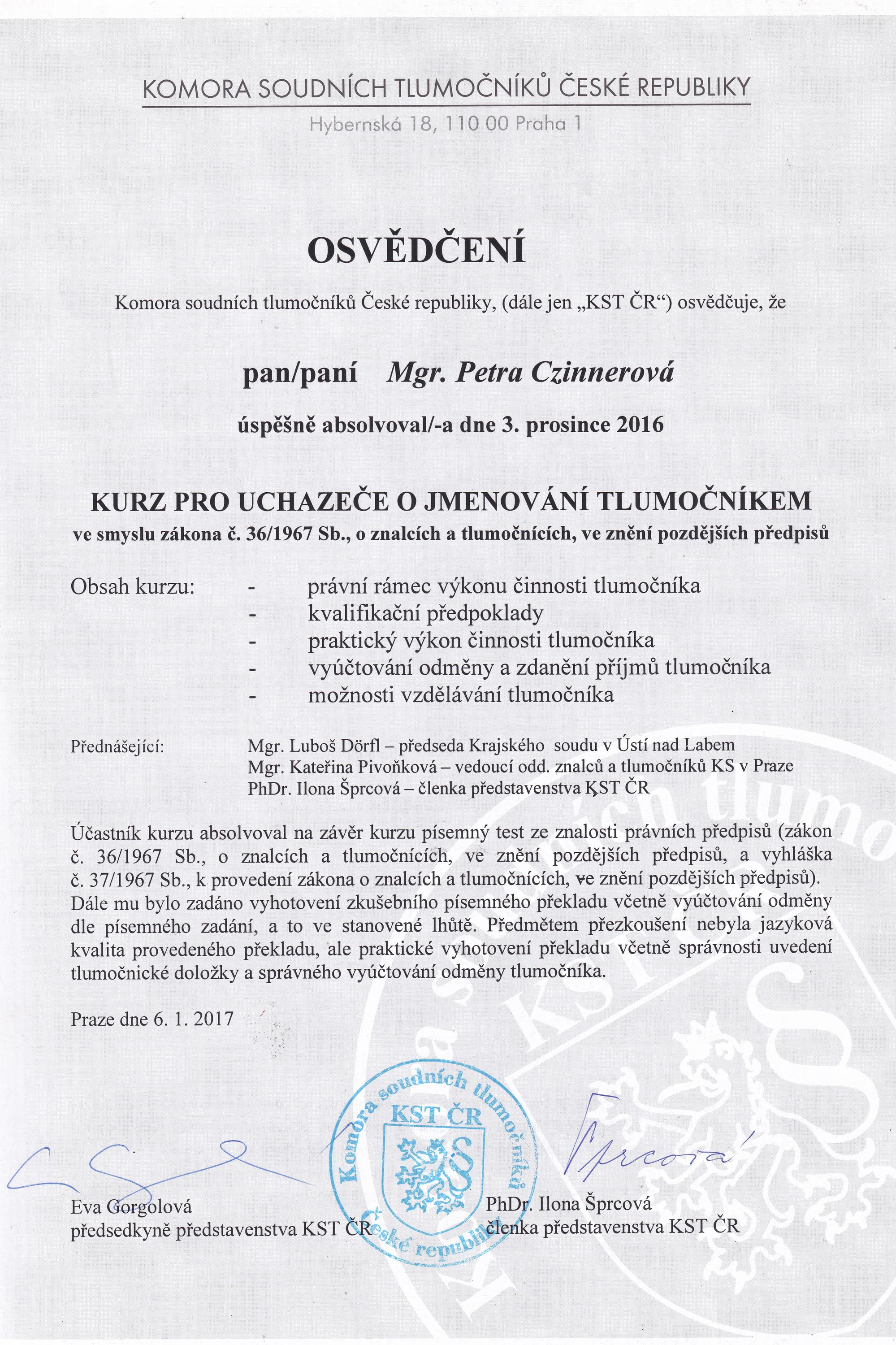 Ověřené překlady Mgr. Petra Czinnerová foto 2