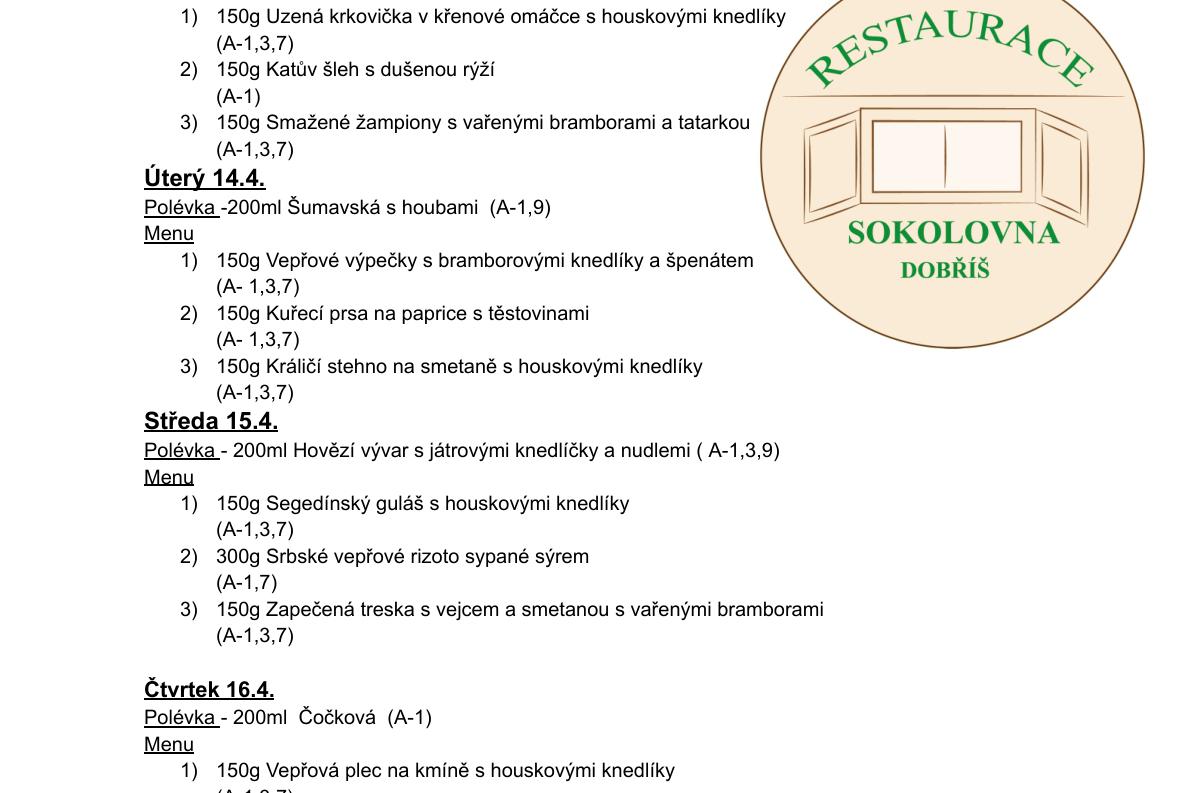 Meníčkový jídelníček - 13.4.-17.4.2026
