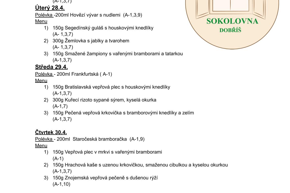 Meníčkový jídelníček - 27.4. - 30.4. 2026