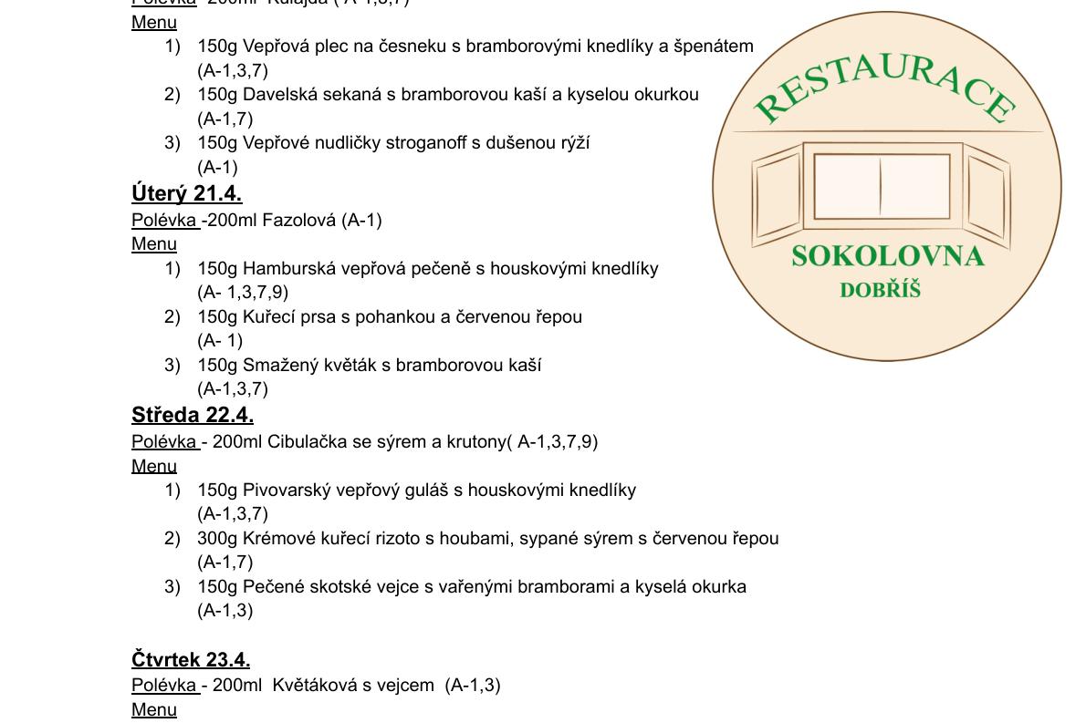 Meníčkový jídelníček - 20.4.-24.4.2026