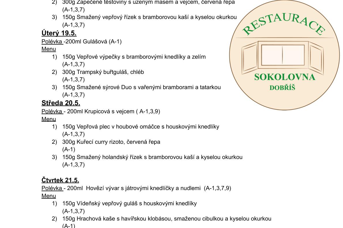 Meníčkový jídelníček - 18.5.- 22.5. 2026