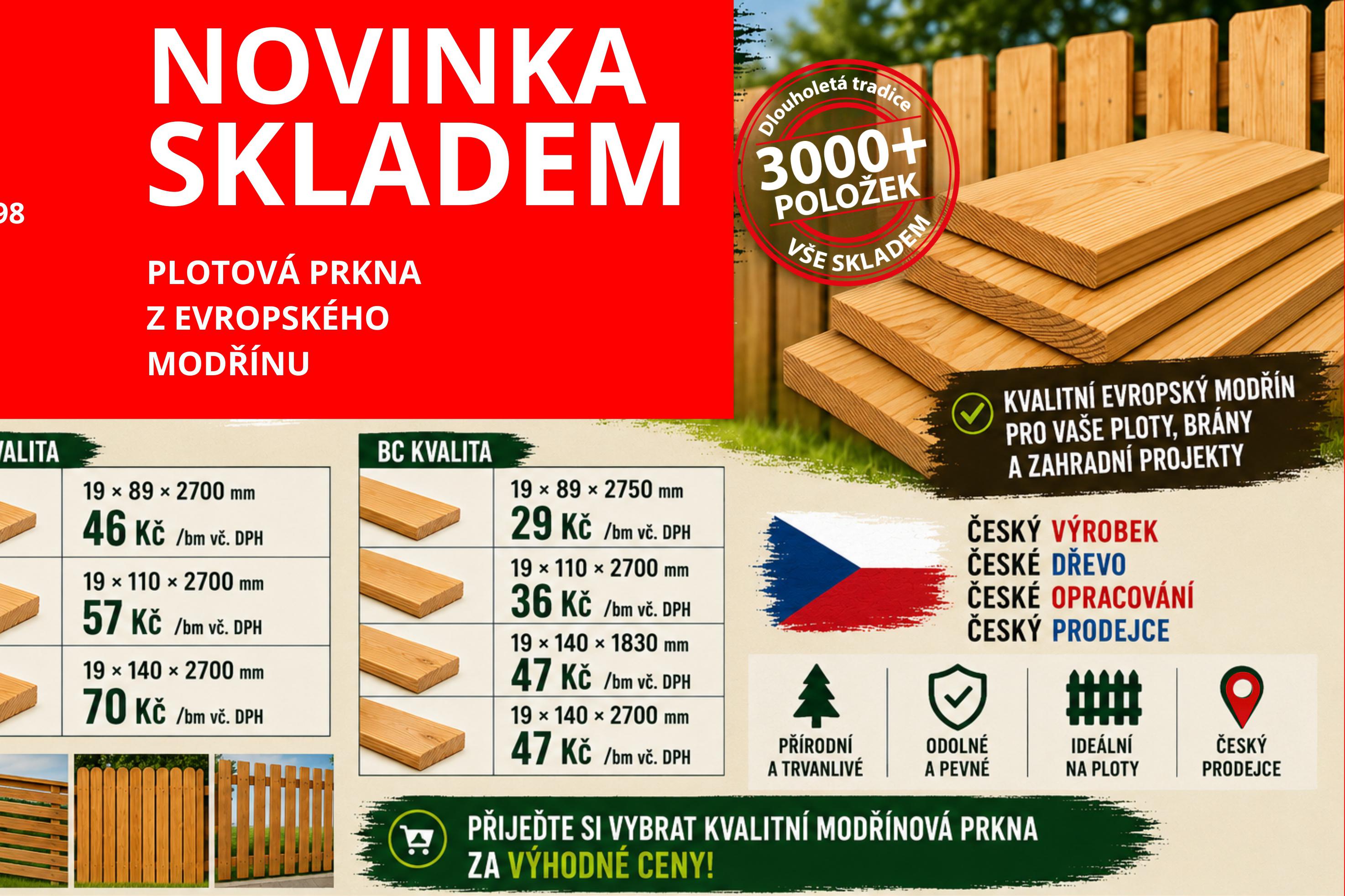 Modřínová plotová prkna v několika rozměrech