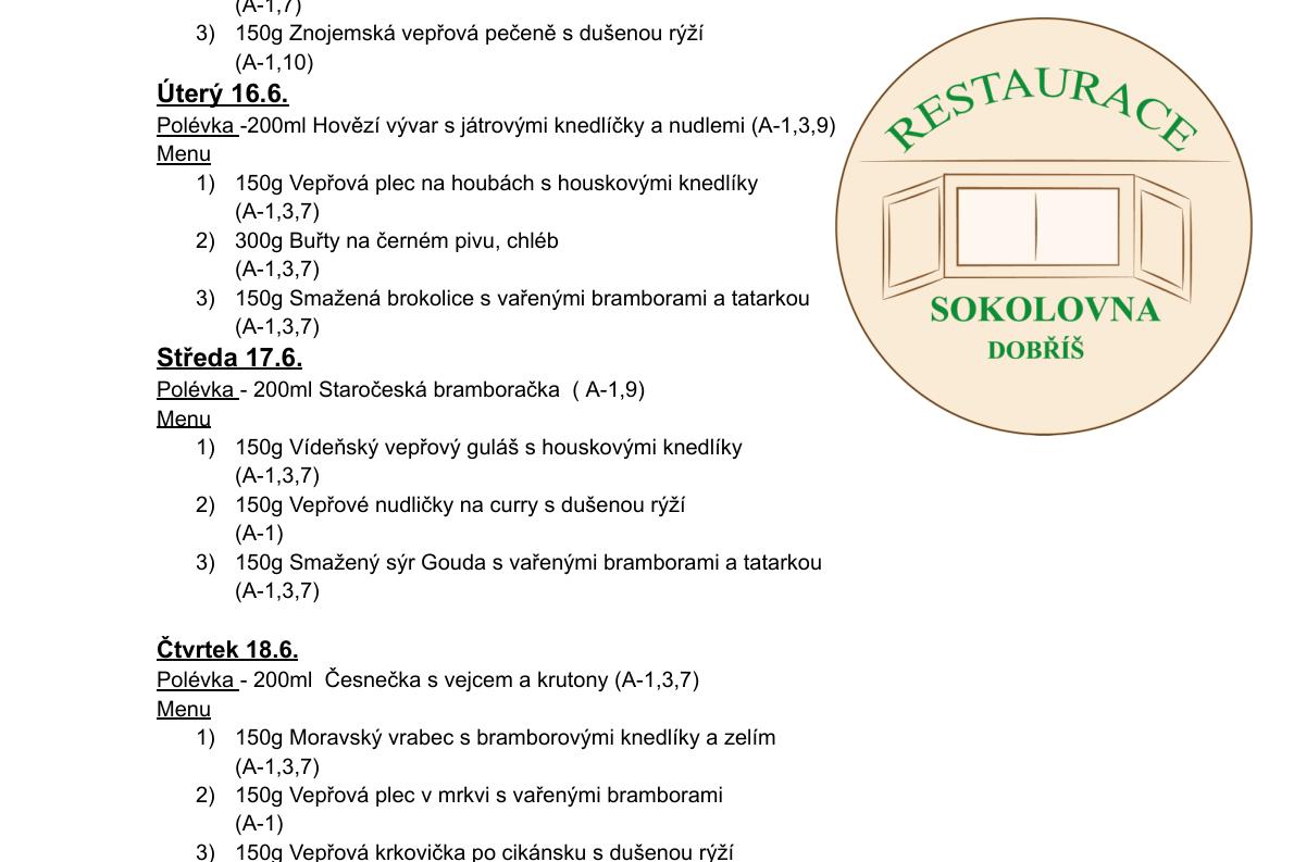 Meníčkový jídelníček -  15.6.- 19.6. 2026