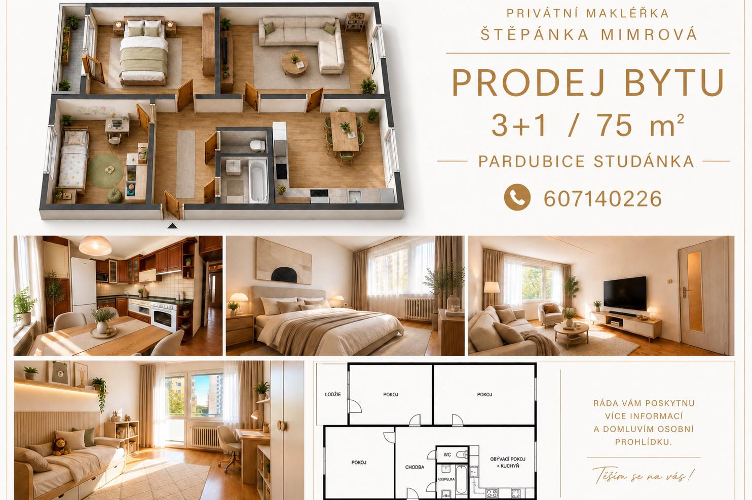 PRODEJ BYTU 3+1/L, 75 m² – PARDUBICE, STUDÁNKA