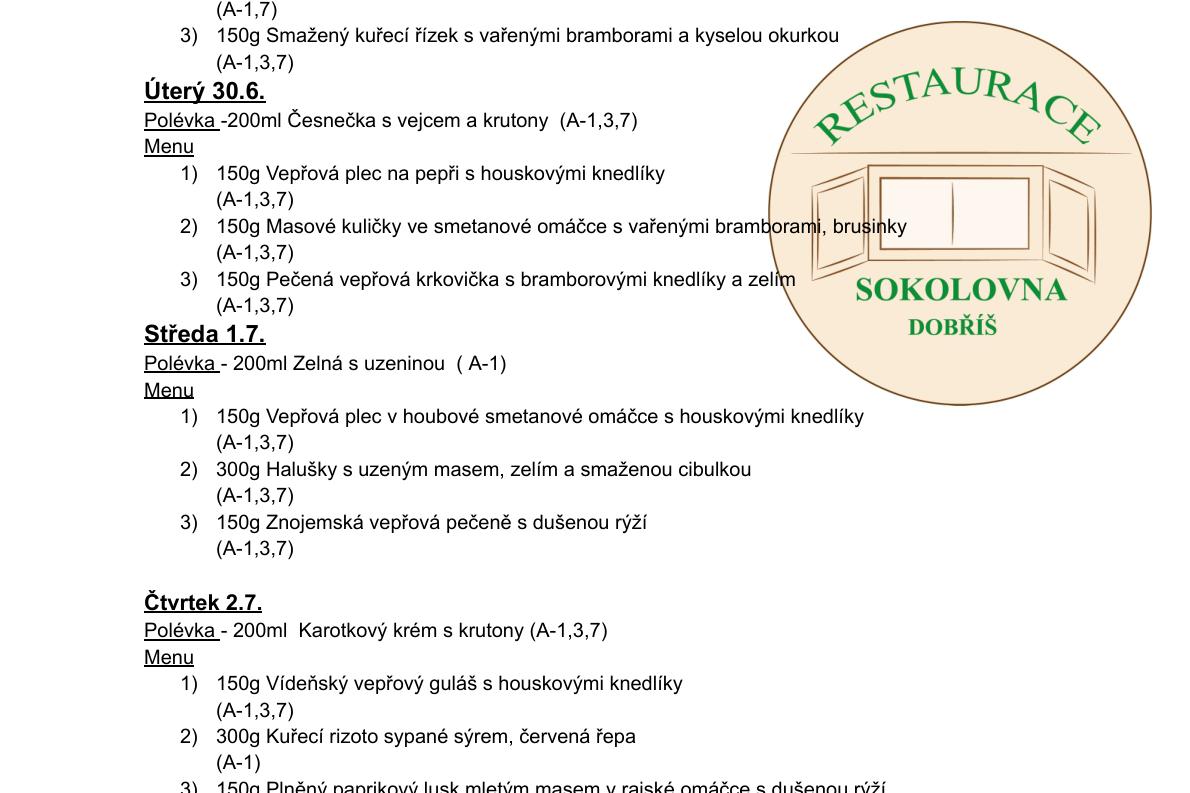 Meníčkový jídelníček -  29.6.- 3.7. 2026