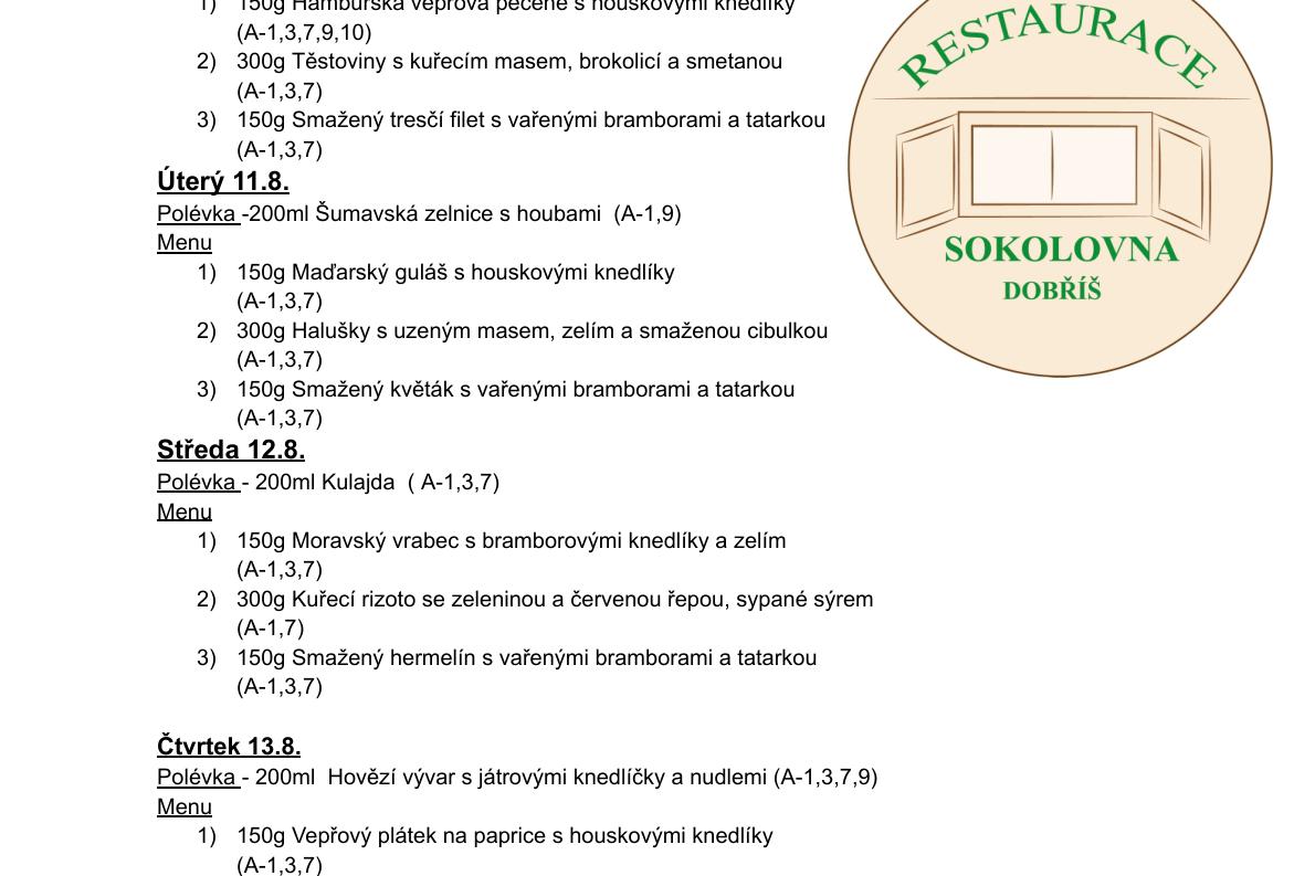 Meníčkový jídelníček -  10.8.- 14.8. 2026
