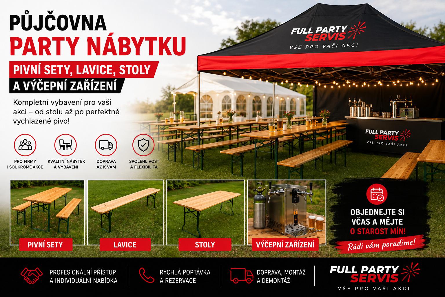 Půjčovna party nábytku, pivní sety, lavice, stoly.