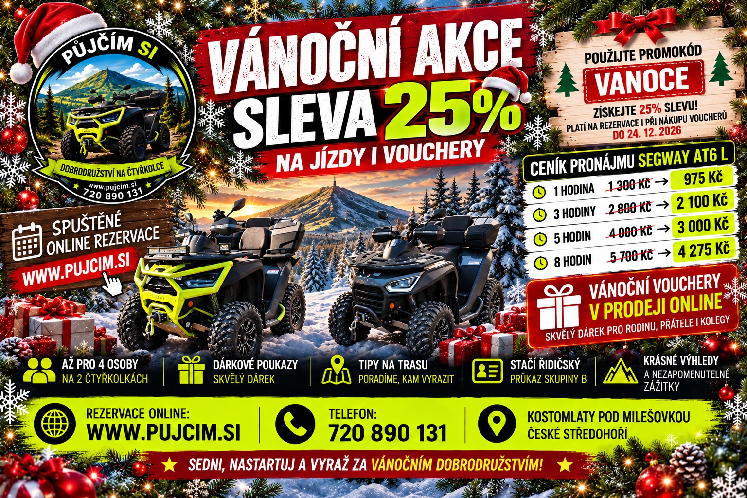 Vánoční půjčení čtyřkolek–jízdy i dárkové vouchery
