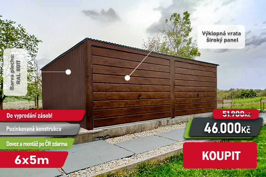 Dvougaráž 6x5m-2x Výklopná vrata-RAL 8017 +  ořech