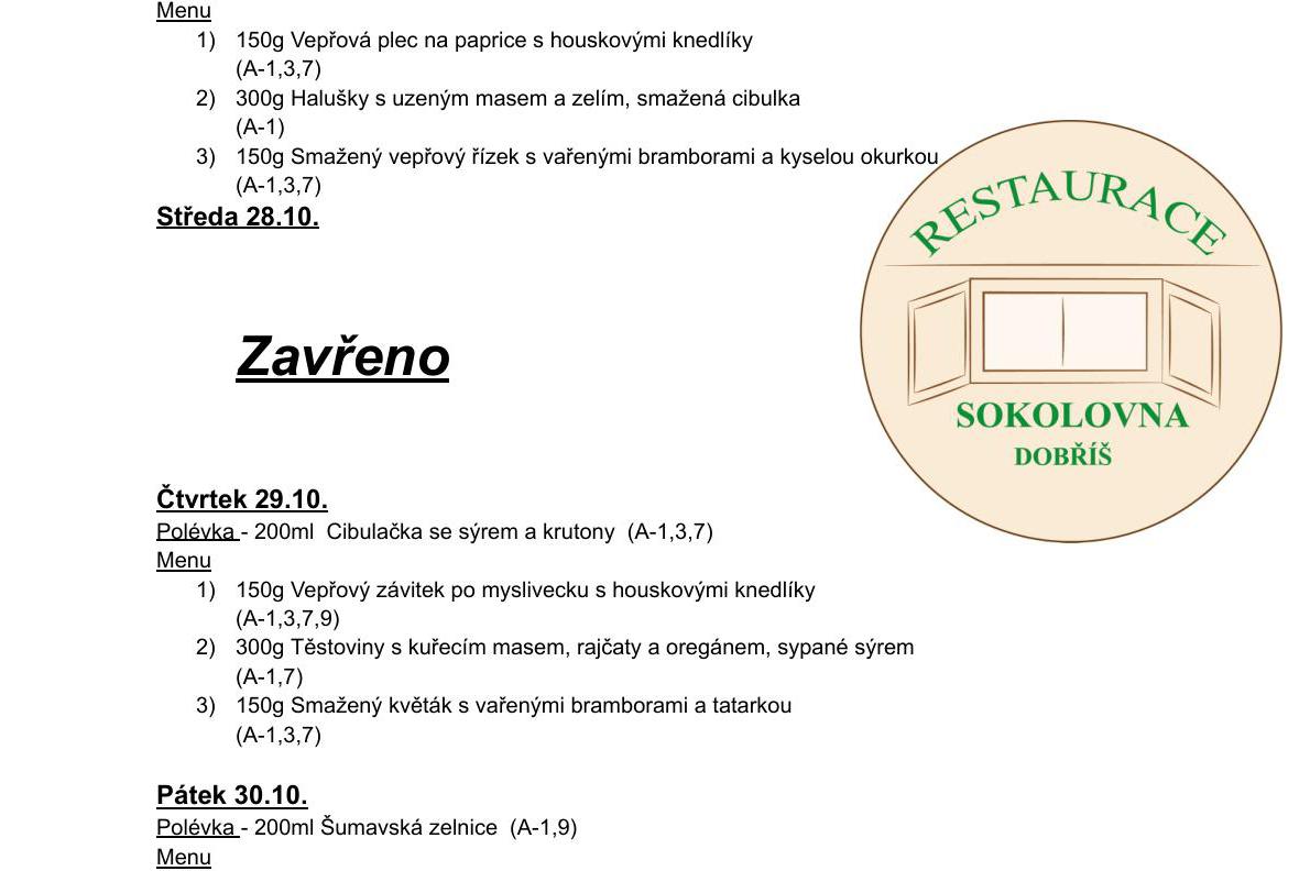 Meníčkový jídelníček -  26.10.- 30.10. 2026