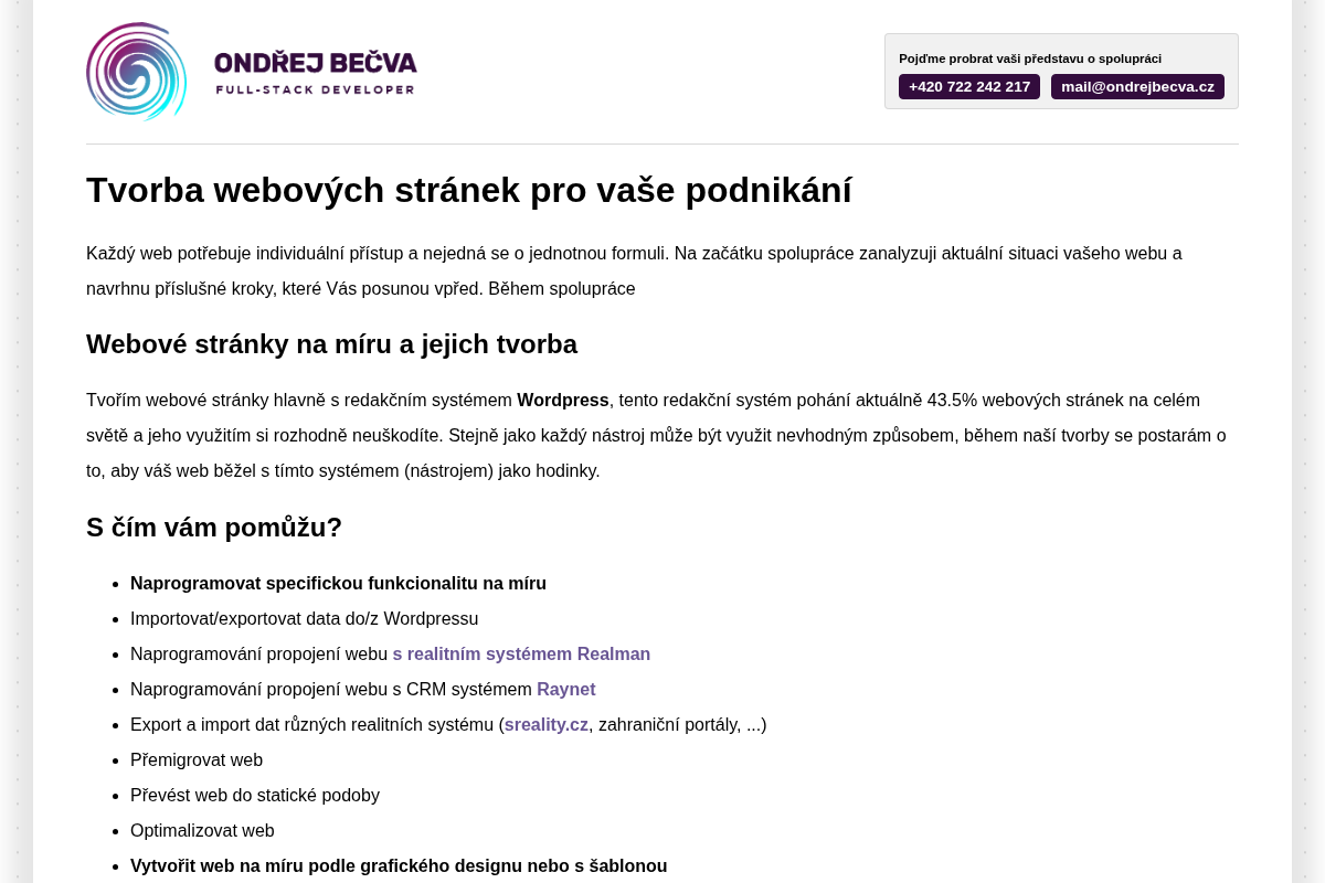 Ondřej Bečva - tvorba webových stránek